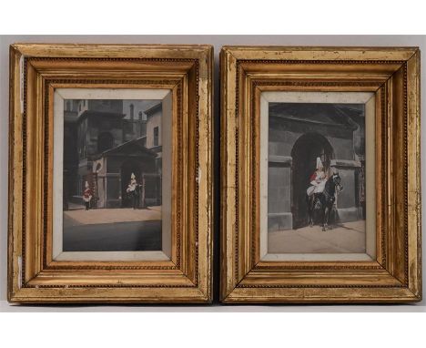 An Edouard Detaille, pair of oil on panel paintings of the Horse Guards Parade, scenes showing cavalrymen mounted and on guar