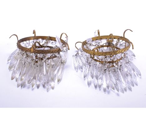 Two three-tier gilt metal lustre drop ceiling light fittings. H28cm x Max diameter 15.5cm