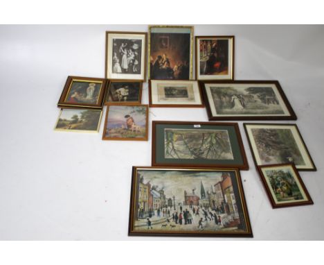 An assortment of prints and pictures. Including a Lowry print, 36cm x 50cm, an unsigned watercolour of a woodland landscape, 