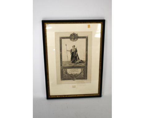 A print of the Emperor Napoleon. Dressed in official regalia, 49cm x 31cm, framed and glazed
