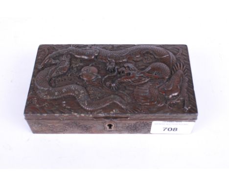 A Chinese dragon box of collectables including a pen, mirco mosaic, lighter etc. L15cm x D9cm x H4cm