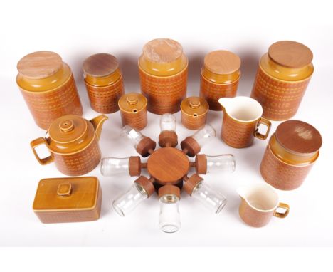 Vintage Retro : Several Hornsea 'Saffron' pattern containers and a Danish 'Digsmed' Rotary Wall mount Spice container wheel. 