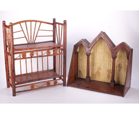 A Gothic design mahogany wall bracket and a set of bamboo hanging shelves. Bracket L43cm x D20cm x H40cm