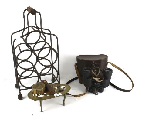 A group of assorted vintage collectables. Including a brass trivet, a bar compass and a pair of Ross binoculars cased, an art
