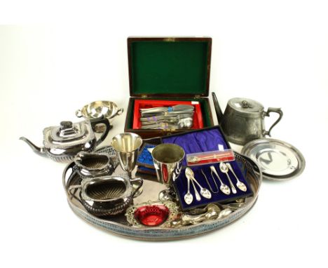 A collection of plated items. Including an oval tray with a pierced and gadrooned gallery; an oblong three piece tea service 