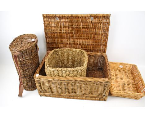 A group of four wicker baskets. Including a picnic hamper, L48cm x D33cm x H20cm