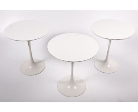 Vintage / Retro : Three Maurice Burke for Arkana '12' side tables, circa 1960. White circular laminated wood top and one piec