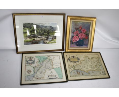 Two printed maps, an oil on board still life and a signed limited edition Judy Boyes print. The still life depicting roses in