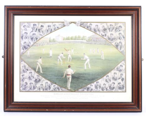 A print of 'English and Australian Cricketers'. 106cm x 82cm, framed and glazed