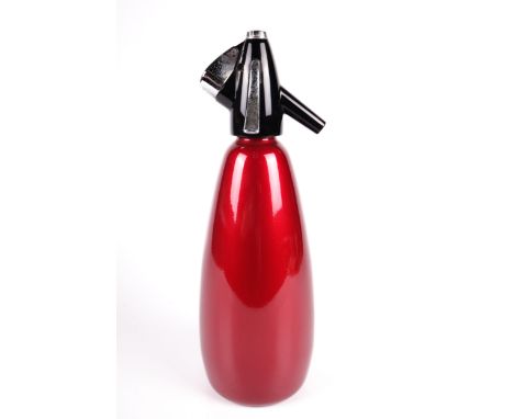 A Sparklets Soda syphon. Constructed of red aluminum, with the original leaflet, coaster/saucer and a bulb holder , H32cm