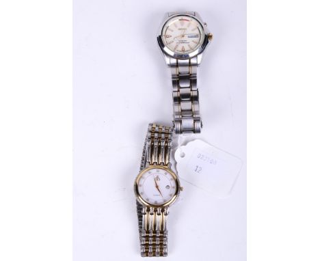 Two stainless steel and gilt bracelet watches. Comprising a Seiko Kinetic day/date example with a light-yellow dial; and a BB