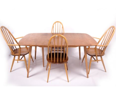 Vintage / Retro : A Blonde Ercol (Blue label) extendable table (with a fifth leg) and four Windsor chairs (2 carvers and two 