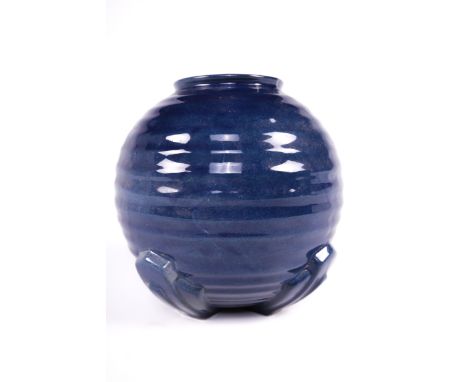 Art Deco : A spherical ceramic vase. With reeded decoration and four Art Deco feet etc. Indistinctly marked to base, H17.5cm 