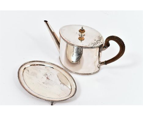 A good 18th Century Old Sheffield Plate coffee pot and associated stand of plane oval form with beaded borders, carved wooded