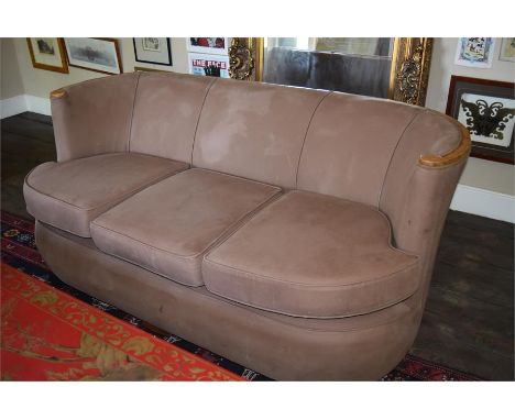 A Walnut framed Art Deco three seater sofa, upholstered in brown dralon (A/F), Height 76cm x Width 168cm x Depth 93cm 