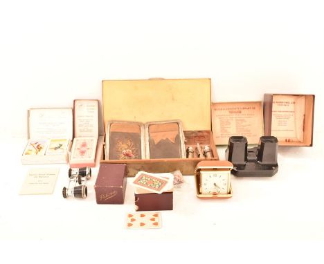 Quantity of various collectable to include a purse, three whistles, a pair of Opera glasses, assorted enamel badges, a Soywer