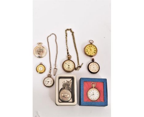 A collection of fob watches including Ingersol and an enamel fob watch etc. Width 5.5cm