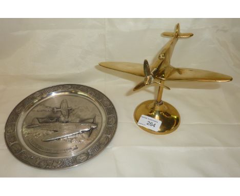 Brass model of a Spitfire and a pewter Spitfire commemorative plate (2)