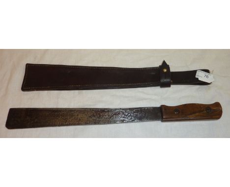 G.C.F 15 Military machete 13.5 inch blade and 2 piece wooden grip with original leather sheath stamped 1945