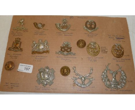 Sheet of British Military Infantry cap badges inc King's Shropshire Light Infantry, The Middlesex Regiment, The Durham Light 