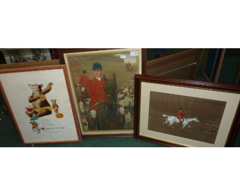 Large framed hunting print, comical print and another artistic picture of huntsman and hound (3)