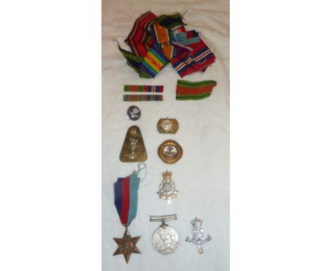 Enamel Royal Navy cap badge, Yorkshire and Green Howard's Stay Bright badges, 39-45 war medal and star and a large selection 