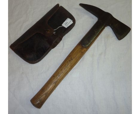 1954 military style hand axe stamped Perks with crow's foot with leather sheath and hanger
