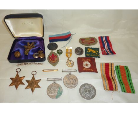 WWII group of medals comprising of 39-45 Africa star war and defence medals, Royal Scot badge, various military buttons, coin