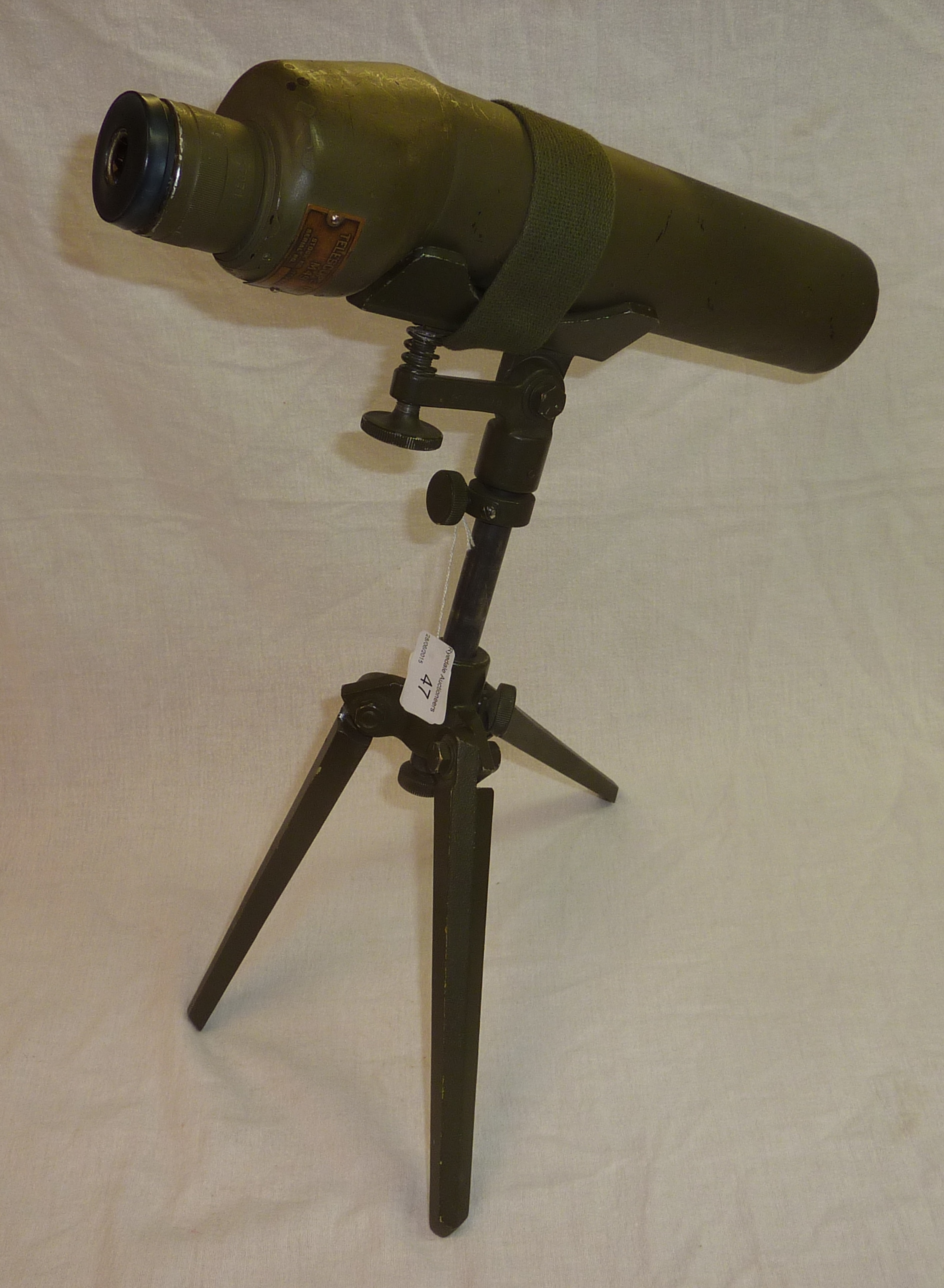 US Army spotting scope M49 mounted on tripod, brass back marked