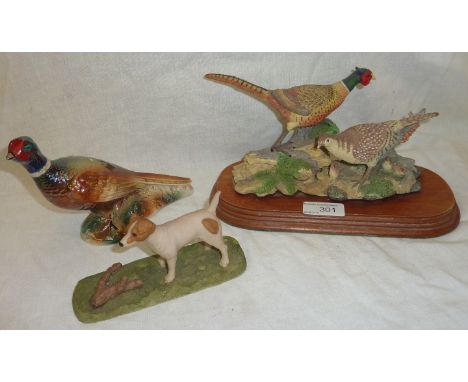 Group of pheasants with chicks, a ceramic pheasant and another figure of a jack russell (3)