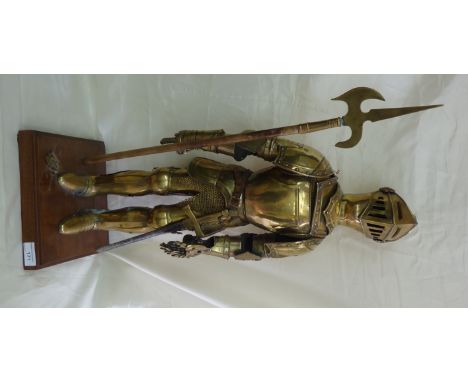 19th/20th C brass scale miniature suit of armour complete with halberd and sword mounted on oak square stepped base height (6