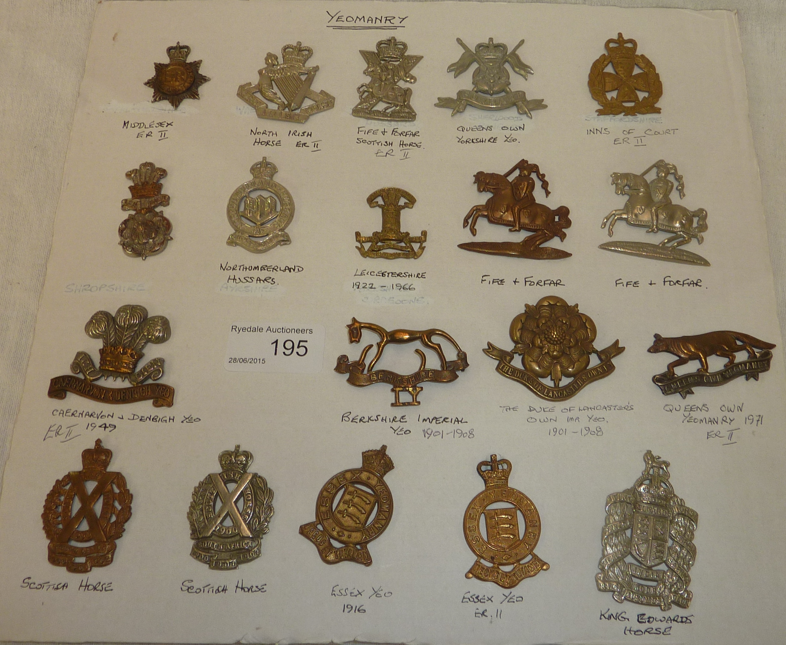 Sheet of British Yeomanry Regiment cap badges inc Berkshire Imperial ...