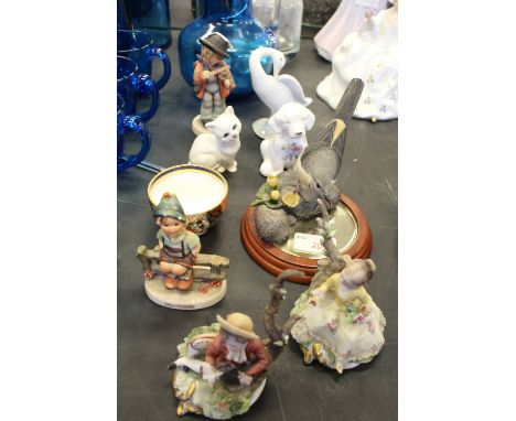 Beswick cat, Lladro goose, Derby bowl and two Goebel figures