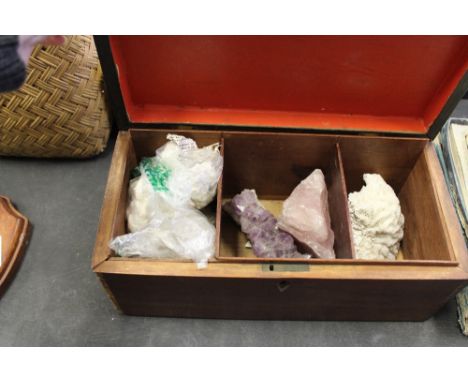 Mahogany tea caddy and mineral samples