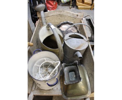 Quantity of vintage watering cans, enamel, etc.