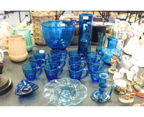 Blue glass punch bowl, cups & Dartington decanter, etc.