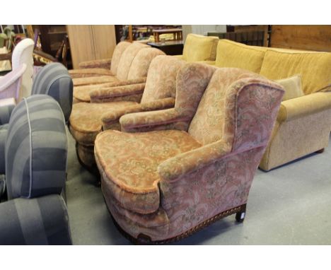 Pink/floral velour sofa and chairs with carved mahogany frame