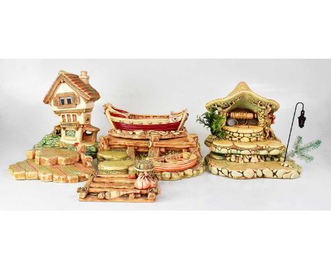 PENDELFIN; nine models and bases comprising 'Betsy Barge', 'Wishing Well', 'Fruit Shop', 'Castle Tavern', a raft, etc (9).Con