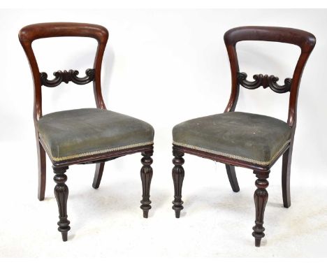 Four Regency mahogany bar-back dining chairs with blue velour upholstered seats, on reeded legs (4).Condition Report: From th