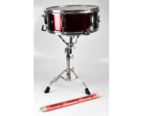 A CB Drums snare drum with a pair of Premier drumsticks and an adjustable and folding stool (3).Condition Report: - Please no