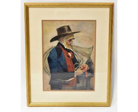 DAVID WOODLOCK (1842-1929); watercolour, half-length portrait of a gentleman carrying a euphonium and peeling an apple, signe
