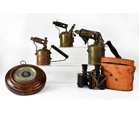Three vintage brass paraffin blow lamps, one marked 'Veritas', one marked 'Max Sievert of Stockholm', together with a pair of