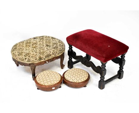 Four various footstools, to include a Victorian oval-topped tapestry footstool on carved base, a pair of Victorian walnut cir