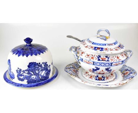 A 19th century tureen and cover on a stand, decorated in the Imari palette, height 31cm, with plated Kings Pattern ladle, tog
