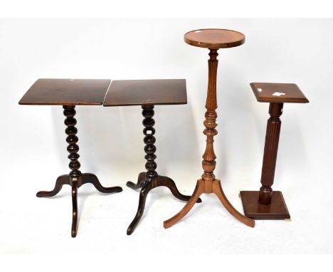 A pair of mahogany occasional tables, each with rectangular top, bobbin turned column and three outswept supports, together w