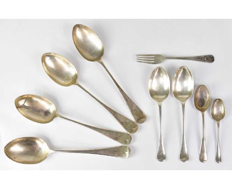 A small quantity of hallmarked silver flatware, comprising four large serving spoons and two smaller dessert spoons, all mono