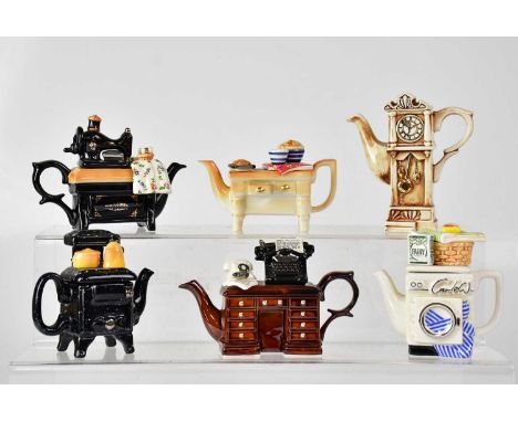 PAUL CARDEW; six novelty one-cup teapots, comprising 'Crime Writer's Desk', 'Washing Machine', 'Sewing Machine', '50s Stove',