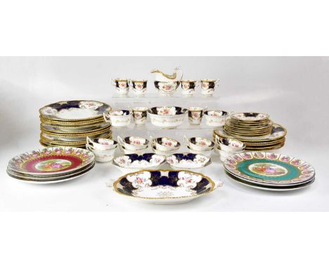 COALPORT; a quantity of cobalt blue and floral gilt-heightened tea and dinner ware, to include cups, saucers, side plates, pl