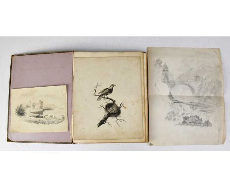 A 19th century sketchbook containing pencil drawings, poetry and annotations, including a sketch of the bust of the Princess 