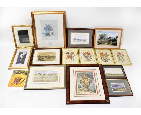 A quantity of framed prints and watercolours to include a lithograph of the Oxford University Eight training, 1818, reproduct